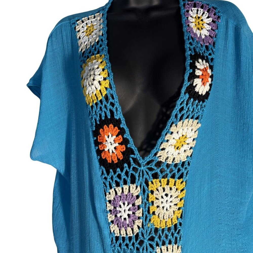 Crochet-Accented Teal Blue Kaftan Dress & White Beaded Bamboo Handbag Set - Picture 7 of 12